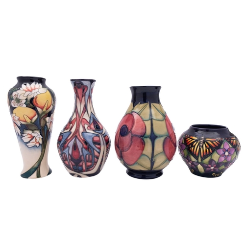 27A - Four Moorcoft pottery vases, comprising Monarch Butterfly modelled after the original by Emma Bosson... 