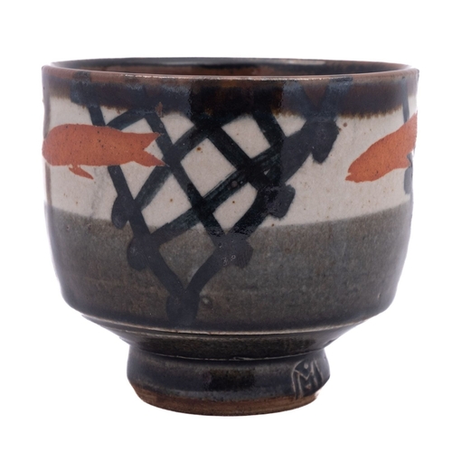 39 - *John Maltby [1936-2020] a stoneware yunomi, the exterior stencilled with fish on a cream, brown and... 