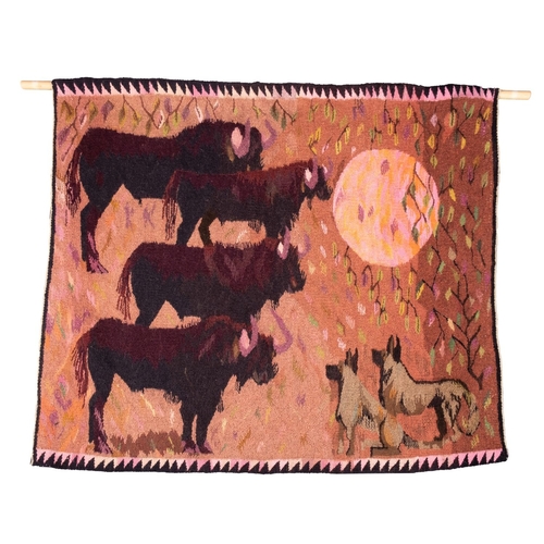 547 - Naomi Semele (Botswanan, late 20th century), a hand woven tapestry representing cattle and hounds in... 