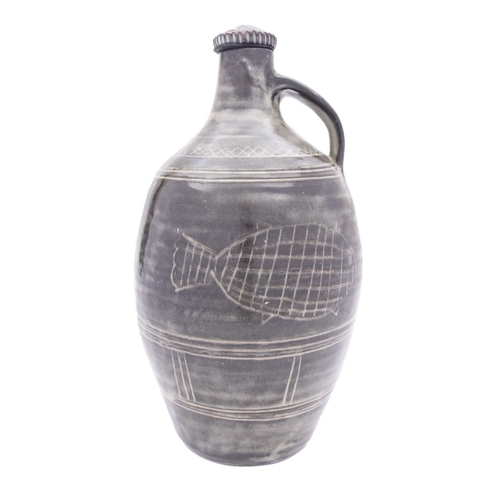 60 - *Asibo Ido [b 1967] stoneware flagon of slender oviform with applied strap handle and internal screw... 