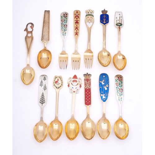 A Collection Of Thirteen Danish Silver Gilt And Enamel Christmas Spoons 