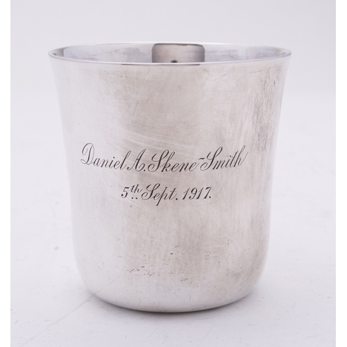 124 - A George V silver christening mug by Charles Edwards, London 1916, engraved inscription Daniel A. Sk... 