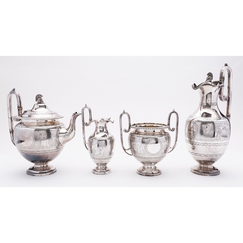 14 - A Victorian four piece silver plated tea service by Roberts & Belk Ltd, Sheffield, model number 1421... 