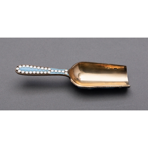 177 - A modern Russian silver and enamel tea caddy spoon, marked Moscow 925, 9cm. long 26.6gms, (08ozs)