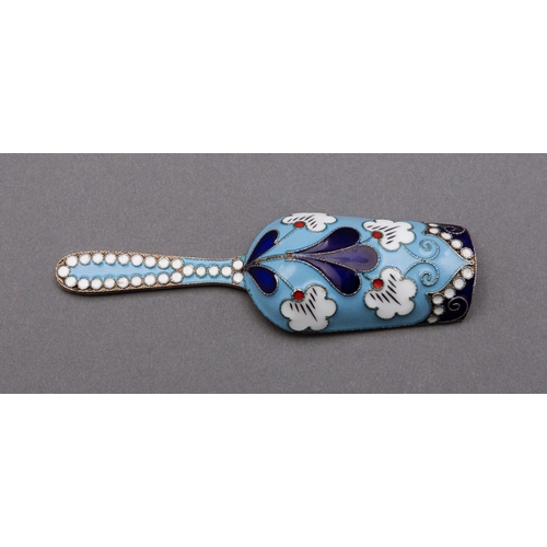 177 - A modern Russian silver and enamel tea caddy spoon, marked Moscow 925, 9cm. long 26.6gms, (08ozs)