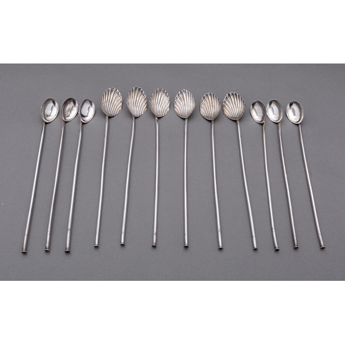 183 - Two sets of six Indian Export silver spoon straws, marked on the stem, six with shell bowls, 20cms l... 