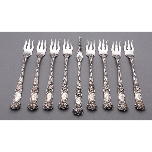 186 - A set of eight late 19th century American sterling silver snail forks and an auger by Alvin-Beiderha... 