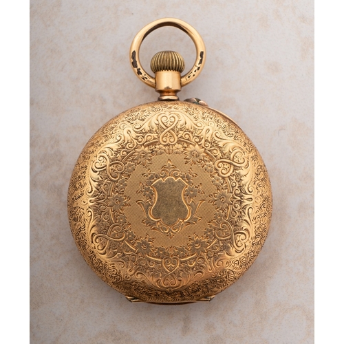 268 - An 18ct gold open-face pocket watch having a gold dial with black Roman numerals, blued-steel spade ... 