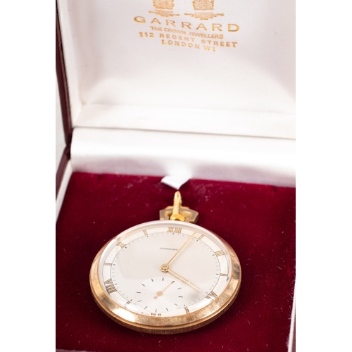 274 - Garrad an 9ct gold pocket watch, the silvered dial having gold Roman numerals, baton hands, a subsid... 