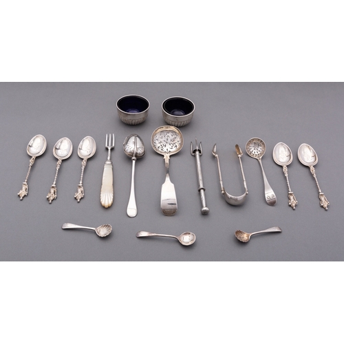 30 - A mixed group of silver  including; a George Gray patent tea infusing spoon,  a pair of Victorian op... 