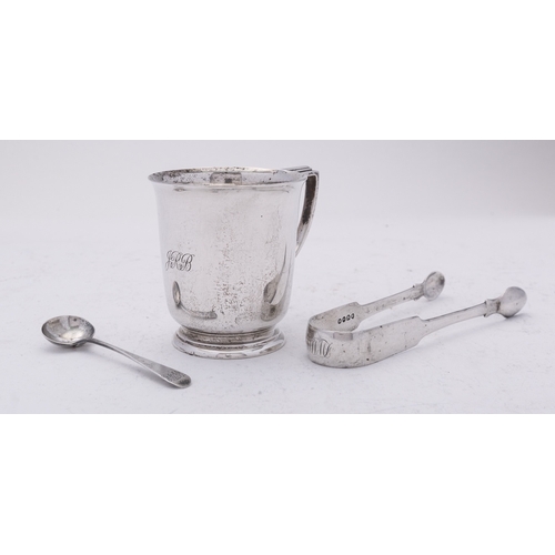 33 - A mixed group of silver including; a George VI christening mug Birmingham 1944, a pair of Fiddle pat... 