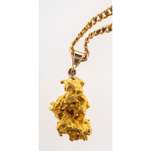 362 - A gold nugget pendant with curb chain, a rough gold nugget with pendant bale, unmarked, length appro... 