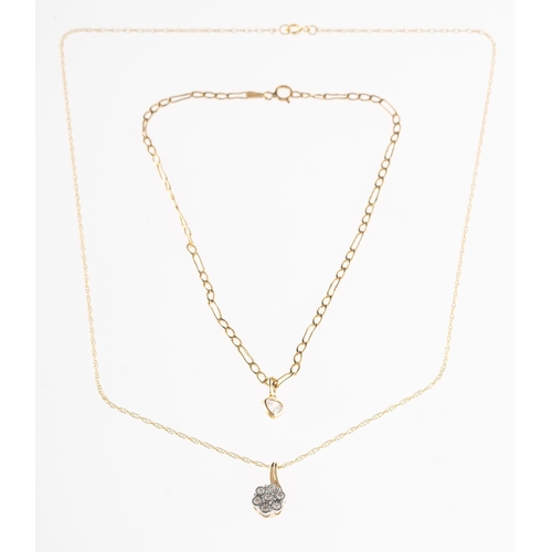 392 - A diamond pendant with chain and an anklet with heart charm, the 9ct gold pendant of floral form and... 