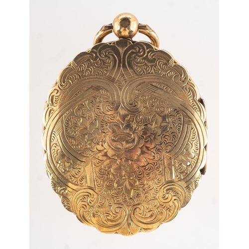 412 - An ornately engraved ambrotype Victorian gilt locket, with floral and foliate engraving to both side... 