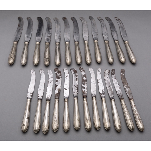 44 - A set of George III silver plated table knives with steel scimitar blades stamped Page, with twelve ... 