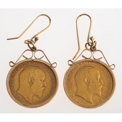 446 - A pair of half sovereign drop earrings, each set with a half sovereign, including an Edward VII 1906... 