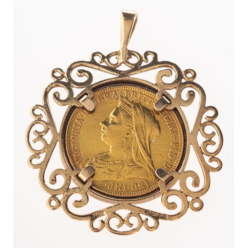 466 - A full sovereign in pendant mount, a Victoria 1897 full sovereign in a 9ct gold openwork pendant mou... 