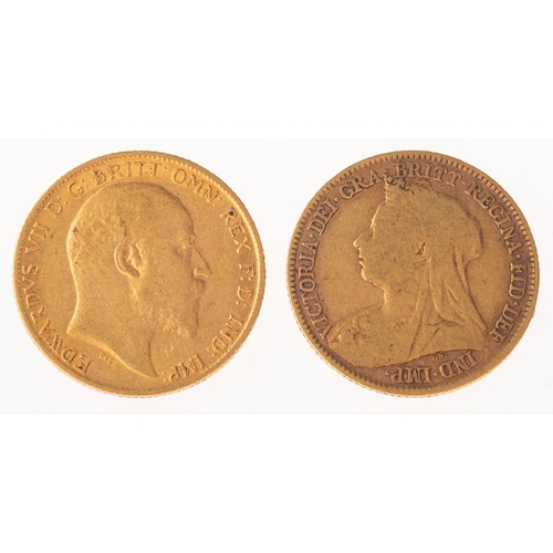 491 - Two half sovereigns, including an 1897 Victoria half sovereign, 3.9grams; and a 1906 Edward VII half... 