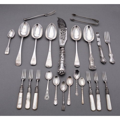 50 - A mixed group of silver flatware including; five table spoons, various dates and makers, a pair of s... 