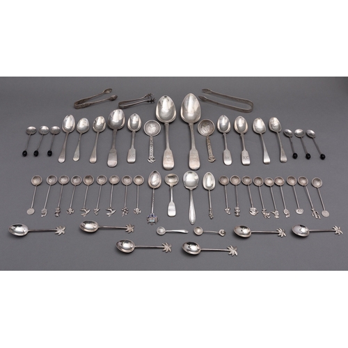 51 - A mixed group of silver spoons including;  two Fiddle pattern table spoons, eleven tea spoons, a set... 