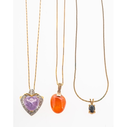 528 - A group of three pendants with chains, including a pendant with a carnelian stone drop, bale marked ... 