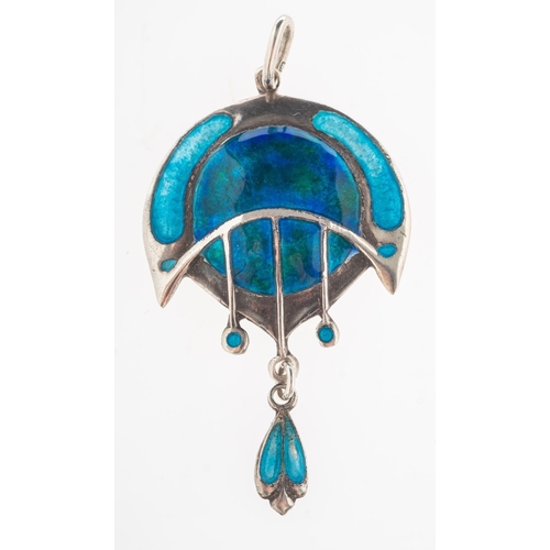 534 - An Arts & Crafts silver and enamel pendant, a blue and green enamelled pendant by James Fenton, UK h... 