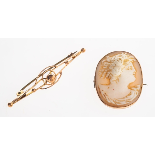 535 - A cameo brooch and a bar brooch, a cameo brooch in plain mount, metal pin, marked 9ct to verso, leng... 