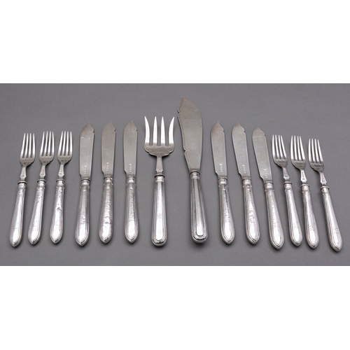 55 - A set of six Victorian silver Old English and Thread pattern fish knives and forks by Thomas Bradbur... 