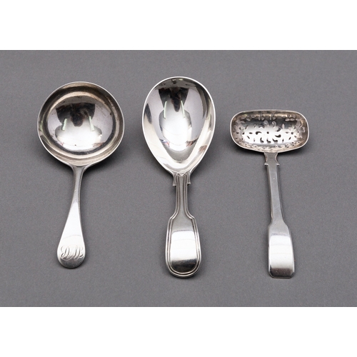 56 - A George IV silver Fiddle pattern caddy spoon by Joseph Willmore, Birmingham 1821, a Fiddle and Thre... 