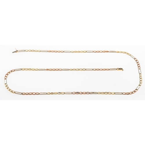 568 - A 9ct gold tri-colour necklace, of figaro links, push-in clasp and figure of eight safety catch, len... 