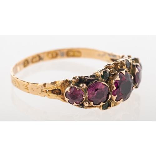 626 - A 15ct gold Victorian ring, set with five graduated circular-cut pink stones, interspaced by four sm... 