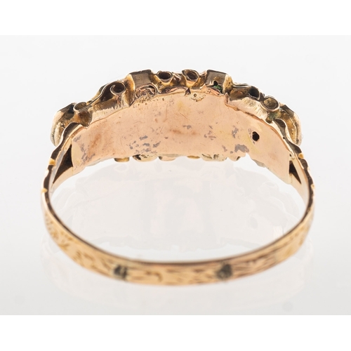 626 - A 15ct gold Victorian ring, set with five graduated circular-cut pink stones, interspaced by four sm... 