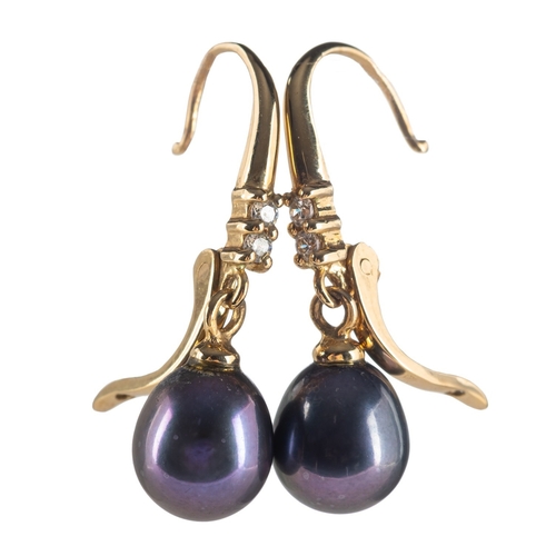 668 - A pair of black freshwater pearl drop earrings, hook fittings, each set with two small circular-cut ... 