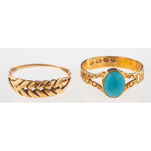 703 - An 18ct gold Victorian turquoise ring and one other ring, an ornately carved ring with 'V' split sho... 