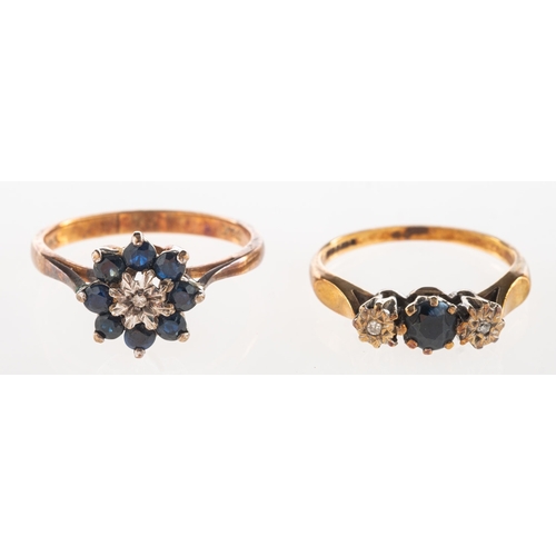 721 - Two 9ct gold sapphire and diamond rings, including a flower cluster ring illusion set with a small s... 