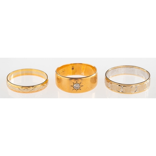 725 - A group of three rings, including an 18ct gold band, star set with a single old-cut diamond, faint U... 