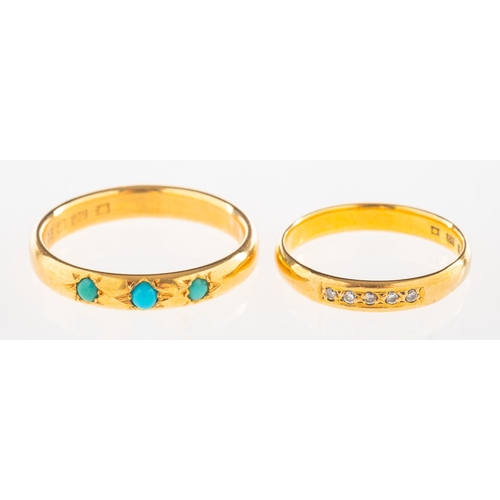 727 - Two 22ct gold bands, including a 22ct gold band set with three turquoise cabochon's, UK hallmark, si... 