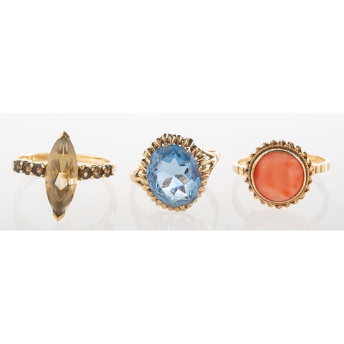 736 - A group of three gem-set rings, including a 9ct gold ring set with a coral cabochon in a rope twist ... 