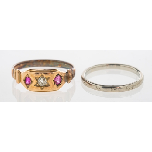 743 - An 18ct gold wedding band and a ruby & diamond ring, the 18ct white gold wedding band has faint engr... 