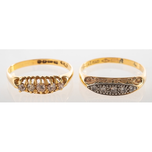 794 - Two five stone diamond rings, including an early 20th century 18ct gold ring, claw set with five gra... 