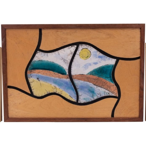 46 - Ruby Sharp [Contemporary] a stoneware landscape plaque, in two asymmetric parts, 23cm wide, framed.