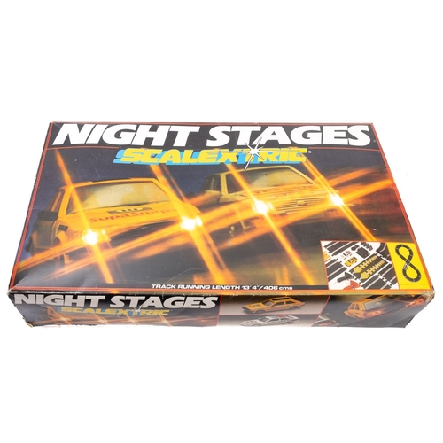 1035 - Scalextric Set Night Stages, containing two Ford Escort rally cars, track and accessories, boxed, (u... 