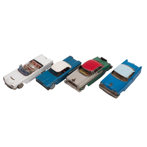 1042 - Four Japanese tinplate friction drive toy cars, comprising an Edsel, a Chevrolet convertible and two... 