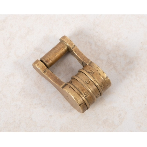 1058 - A circa 1800 brass letter combination padlock. Having three wheels with different letters on each, c... 