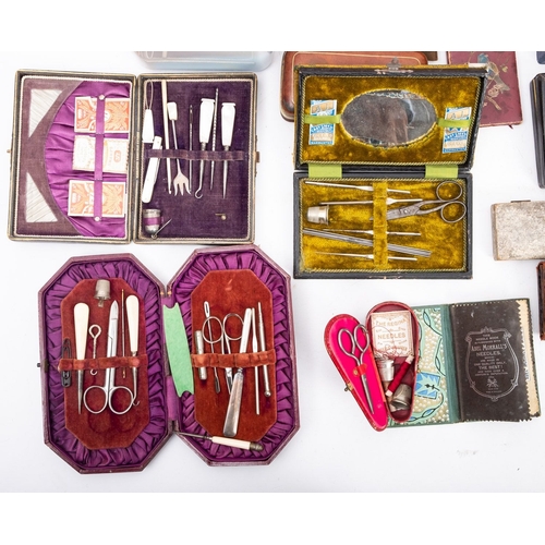 1063 - A mixed collection of sewing accessories. Including boxed sets some marked silver, needles, thimbles... 