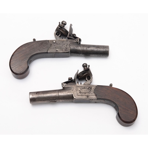 126 - A pair of Burnie of Berwick flintlock pocket pistols. Having plain cylindrical 1.5'' turn off barrel... 