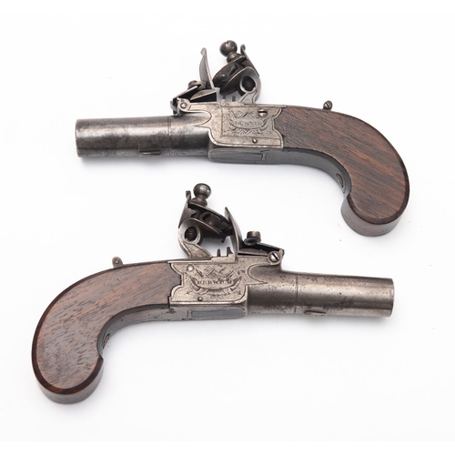 126 - A pair of Burnie of Berwick flintlock pocket pistols. Having plain cylindrical 1.5'' turn off barrel... 