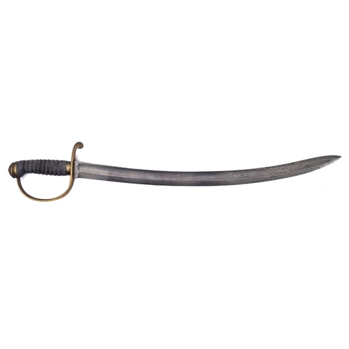 133 - A 19th century cutlass, the slightly curved single edge fullered blade over brass stirrup guard with... 