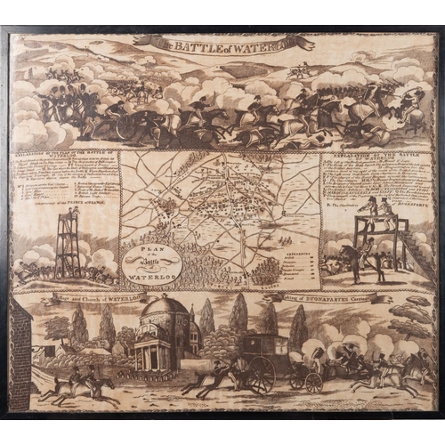 217 - A framed printed scarf 'Battle of Waterloo'. Showing the plan for the battle outlined in stages with... 