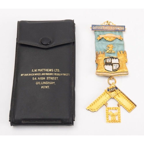 220 - A 15ct gold and enamel Masonic jewel for Lord  Charles Beresford Lodge,  No. 2404,  the cyan coloure... 